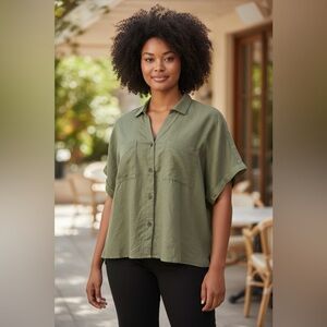 Reitmans – Plus Size Linen-Blend Sage Green Short Sleeve Shirt – 2X